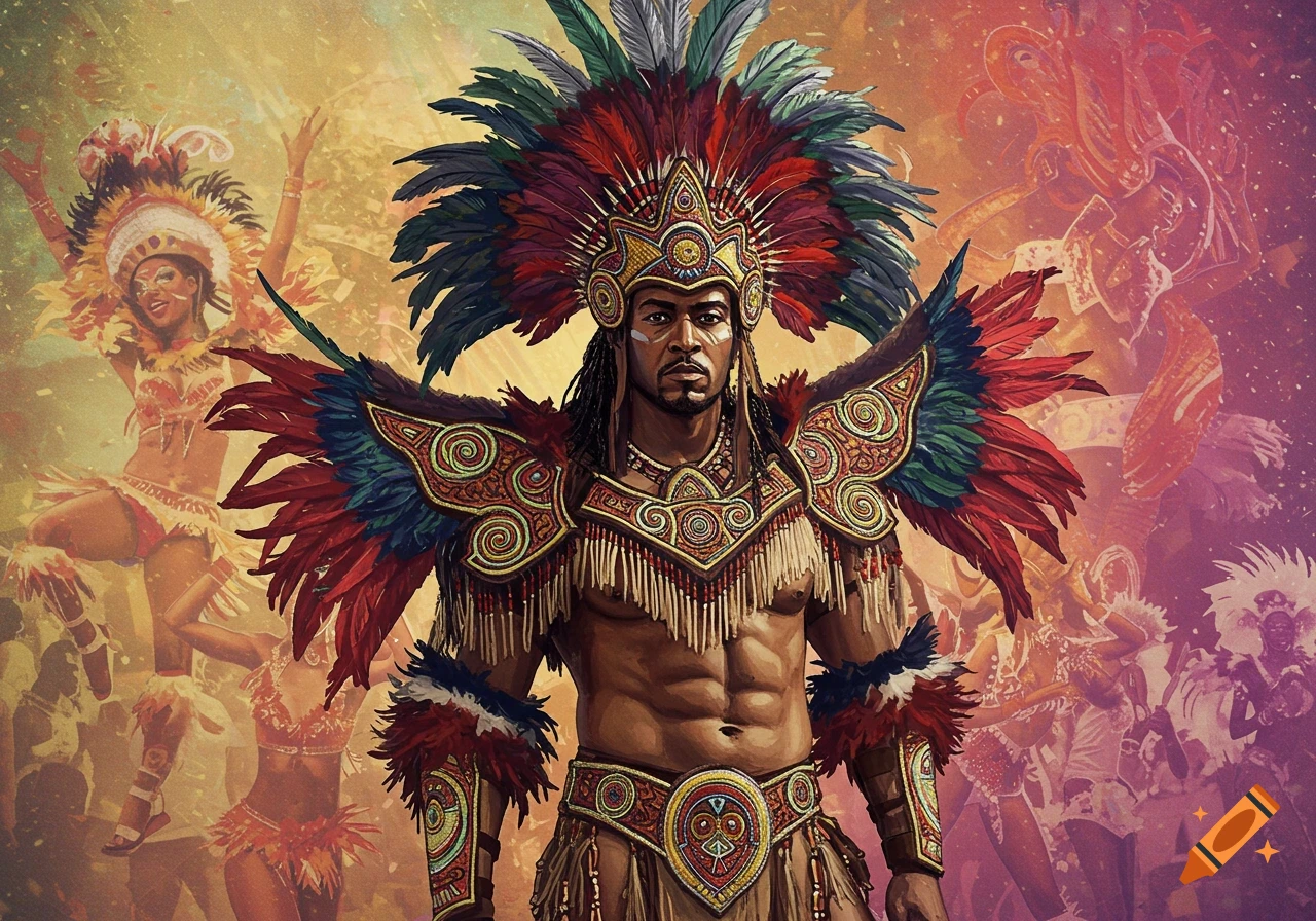 Muscular man in an elaborate feathered costume stands before blurry dancers in a carnival scene.