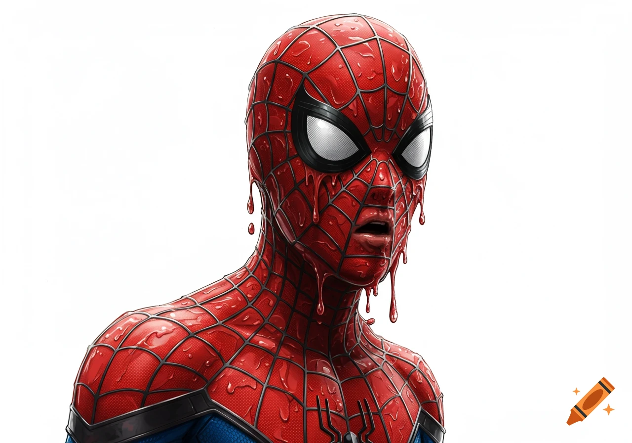 Close-up illustration of Spiderman's head and shoulders melting, with red liquid dripping.