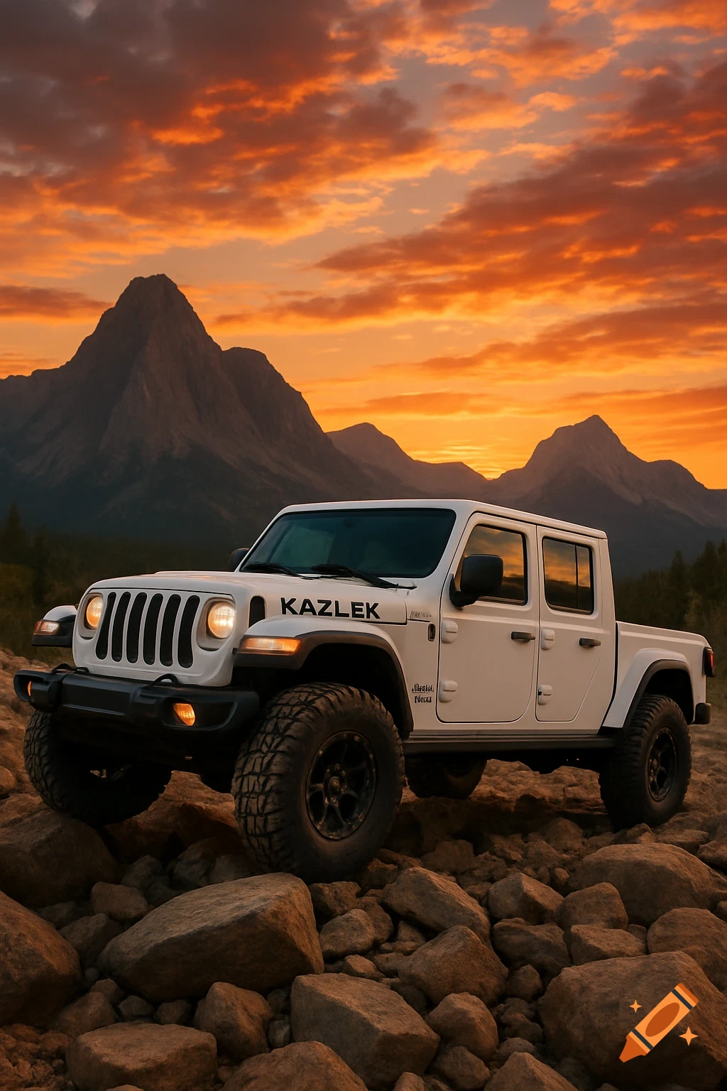 A white Jeep Gladiator truck is parked on rocks with mountains and a vibrant orange sunset behind it.