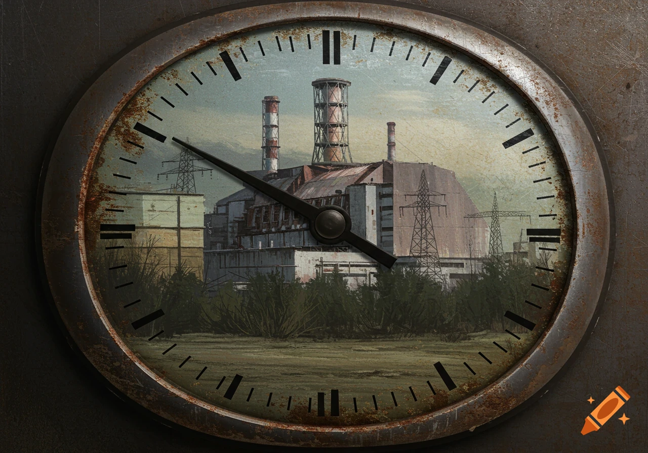 A rusty clock with a depiction of the Chernobyl power plant on its face.