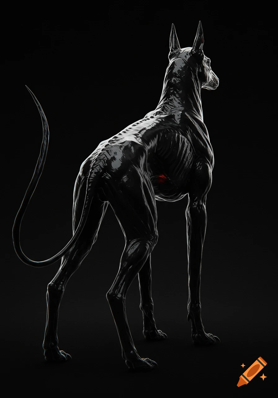 A dark, stylized dog-like creature made of glossy black obsidian stands against a black background, viewed from the rear.