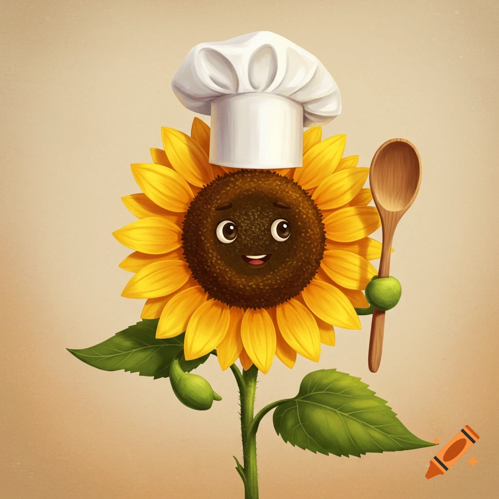 A cartoon sunflower wearing a chef hat and holding a wooden spoon.