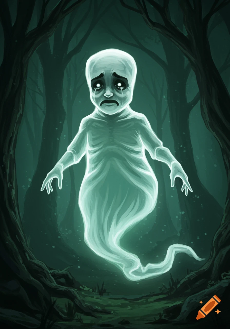 A sad child-like ghost floats in a dark, spooky forest.
