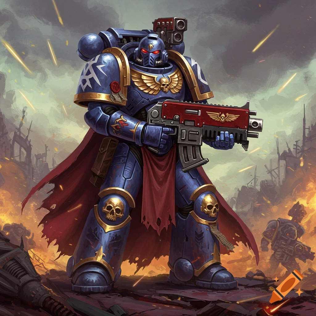 Illustration of a Space Marine in blue power armor standing in a war-torn city.