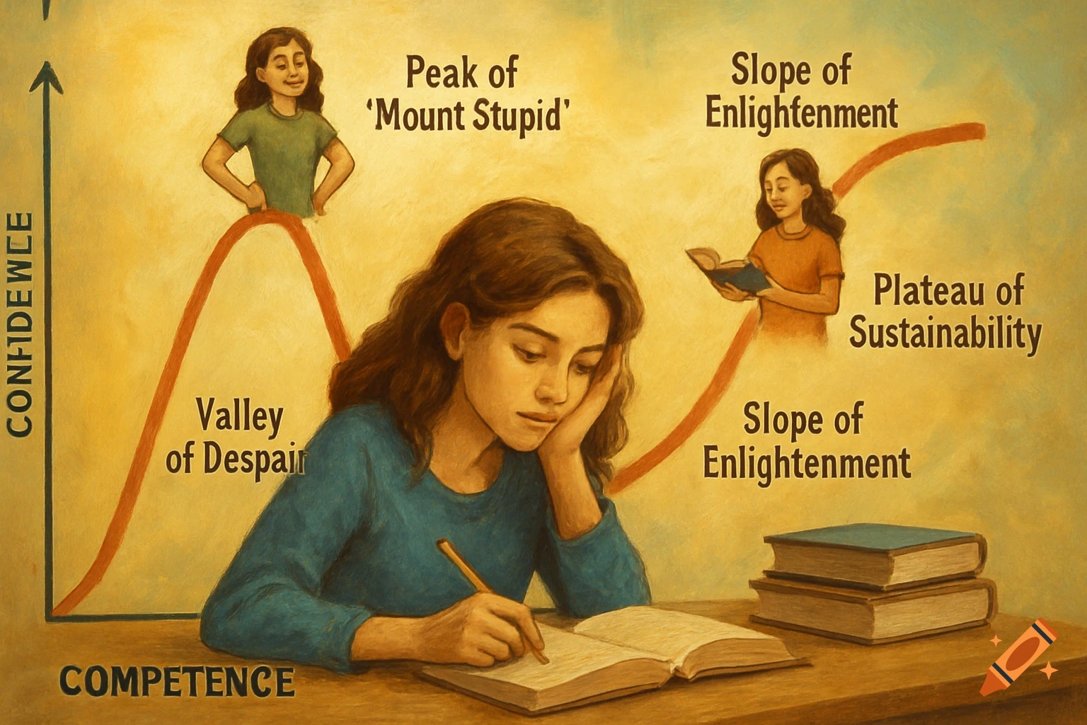 Illustration of a graph showing competence vs confidence with stages like 'Mount Stupid' and 'Valley of Despair'. Features women studying.