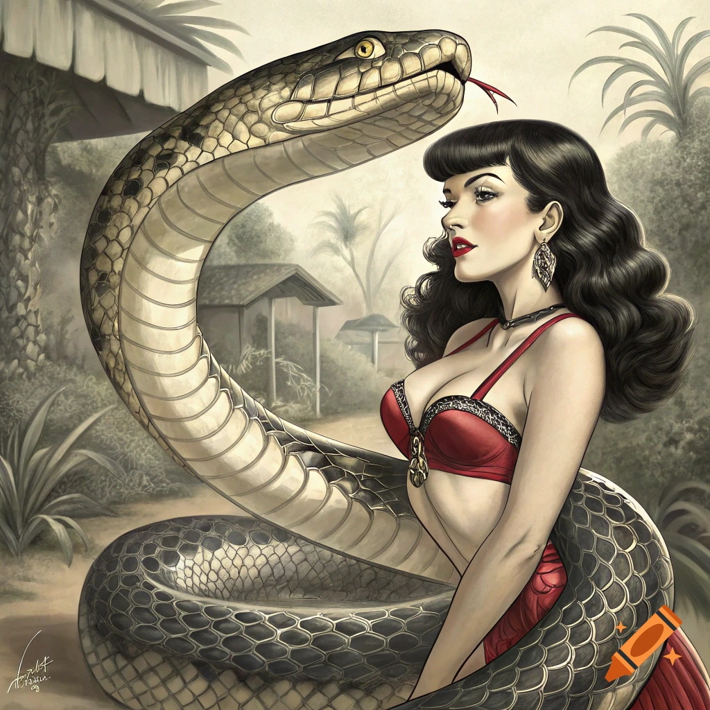 Pin-up woman in a red outfit with a large snake wrapped around her in a jungle setting.