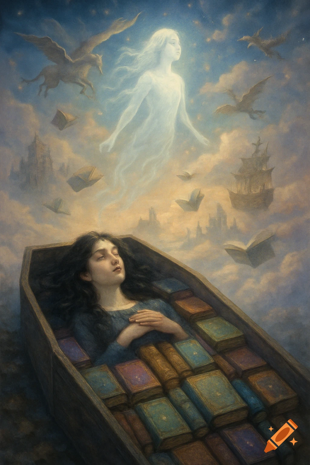 A woman sleeps in a coffin full of books as her spirit floats above in a fantasy sky with flying books and mythical beasts.