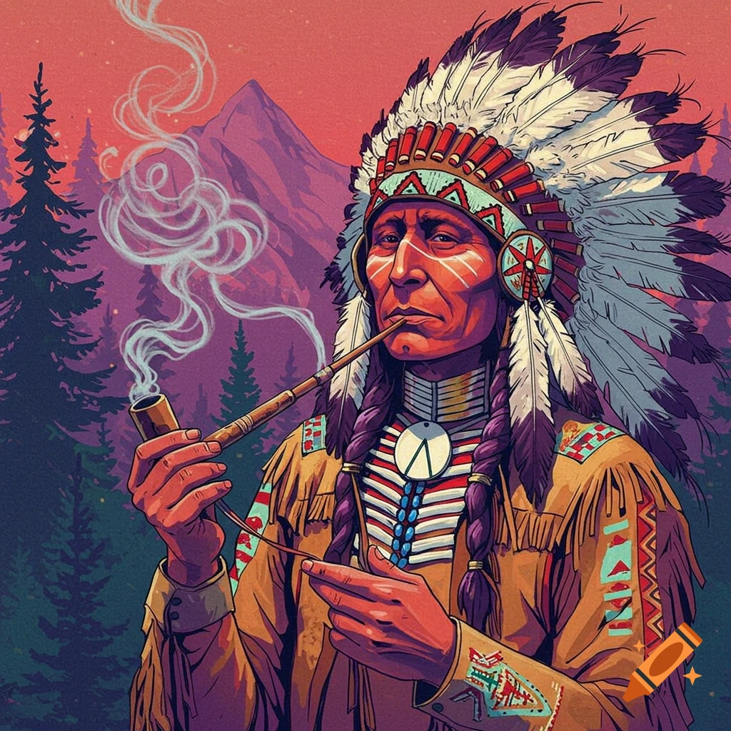 Illustration of a Native American chief in a headdress smoking a pipe with mountains and trees in the background.