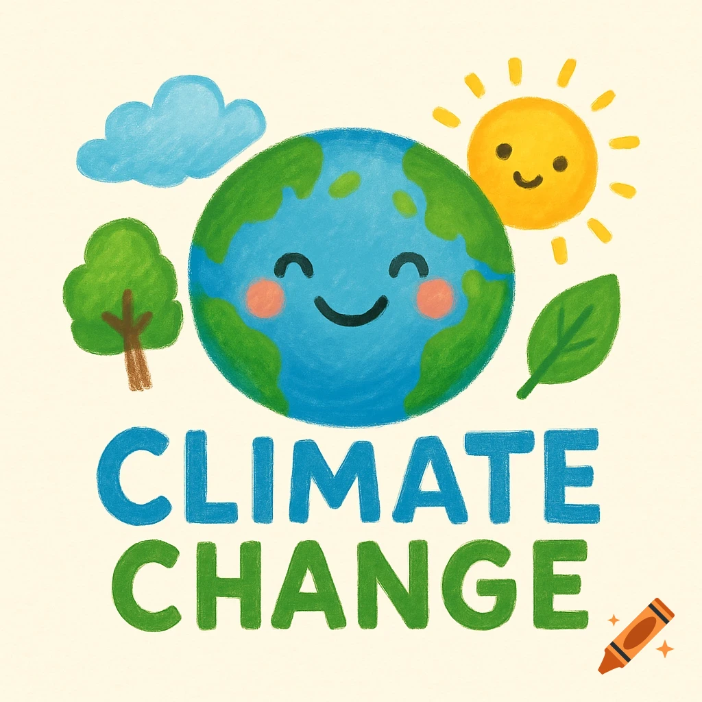 Child-friendly illustration of Earth with smile, sun, tree, cloud, leaf, and text 'CLIMATE CHANGE' in crayon style.