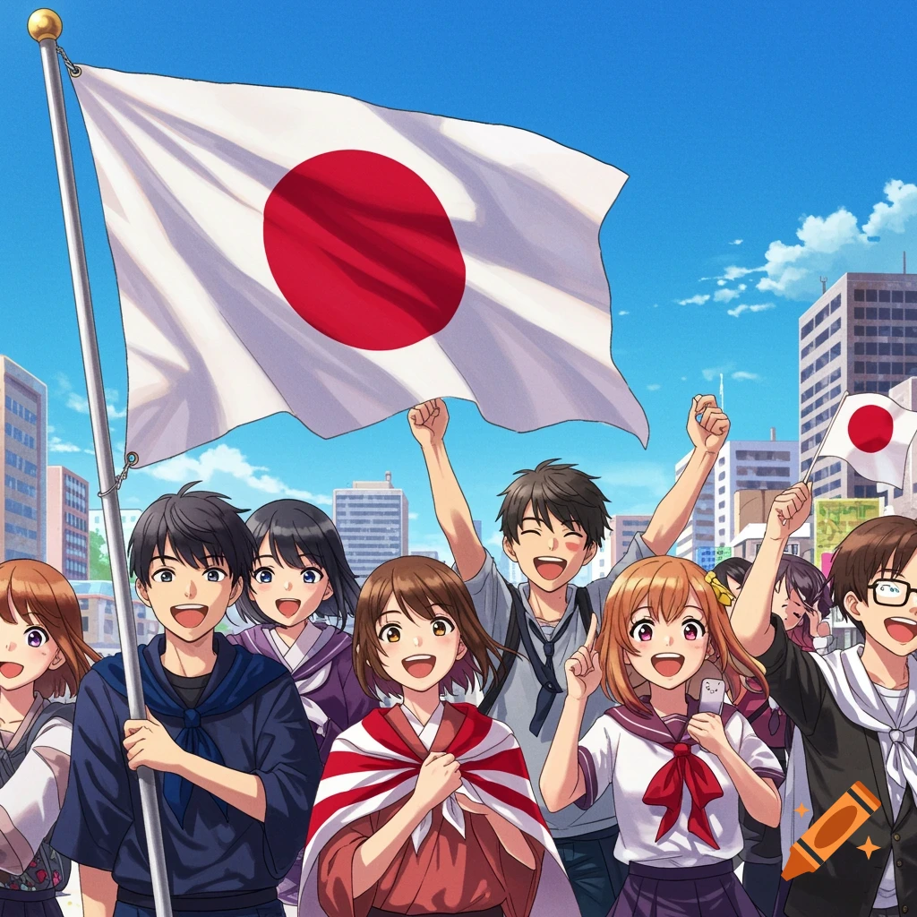 Anime illustration of diverse Japanese people happily waving flags in front of buildings.