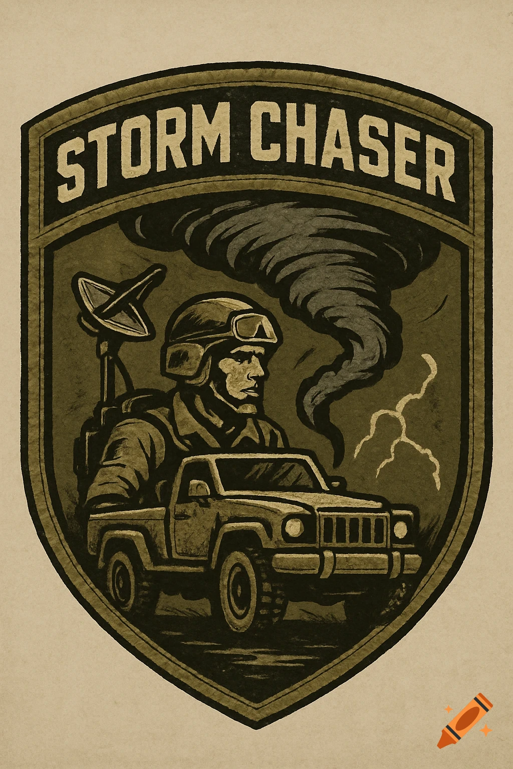 Badge illustration of a storm chaser in a truck with a tornado and lightning behind, text reads "STORM CHASER".