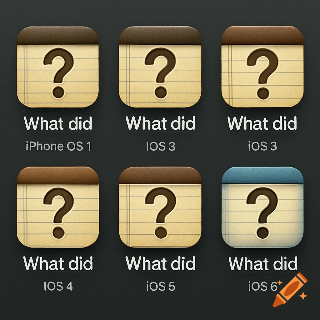 Six retro app icons (question mark calendar) labeled "What did" and iOS versions iPhone OS 1 to iOS 6 on a dark background.