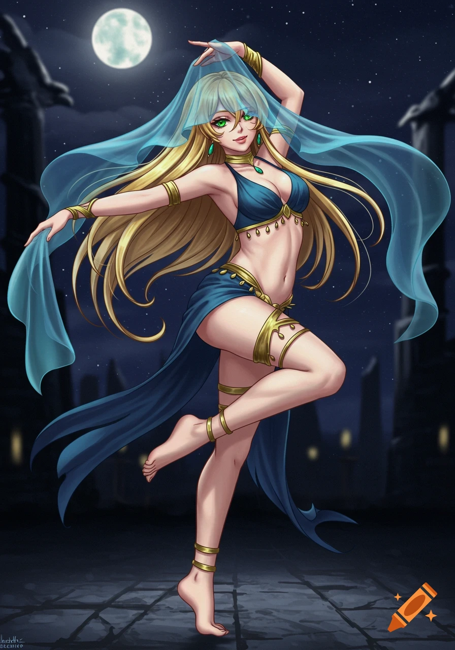 Anime woman dances in blue and gold attire under a full moon at night.