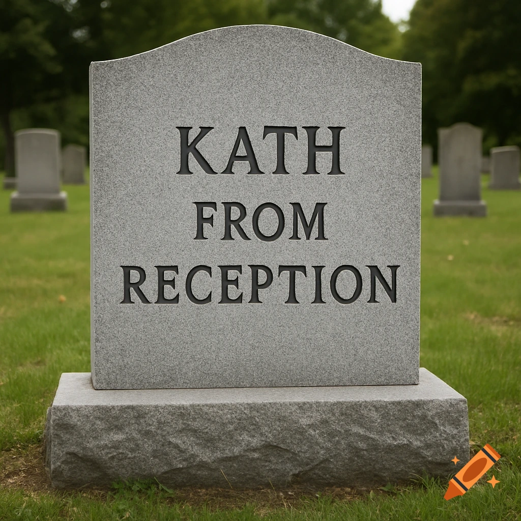 A gravestone in a cemetery with the text 'KATH FROM RECEPTION' engraved on it.