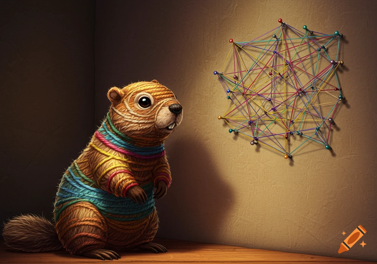 A creature made of yarn looks at a colorful string network pinned to a wall.