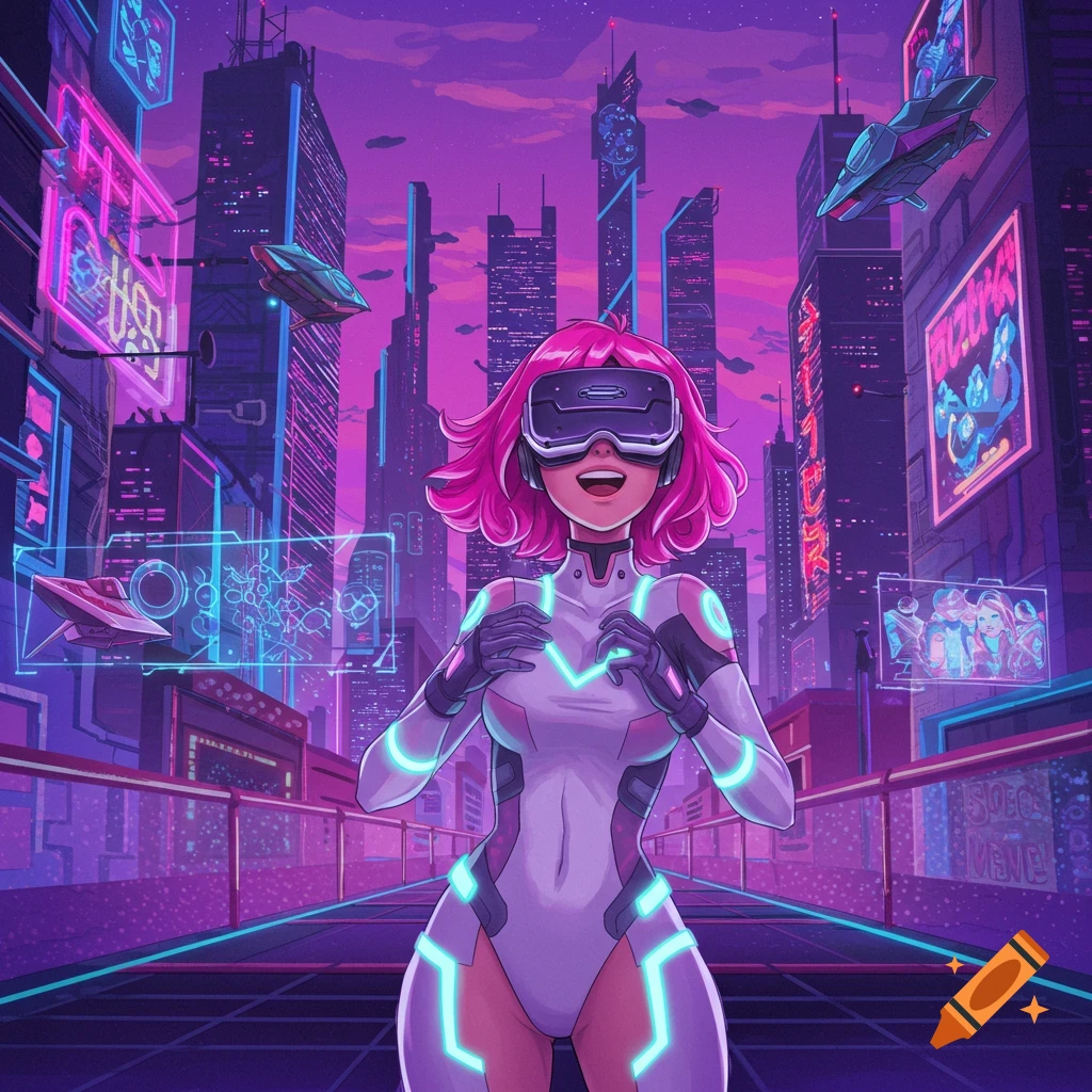 Person in VR headset and futuristic suit in neon cyberpunk city