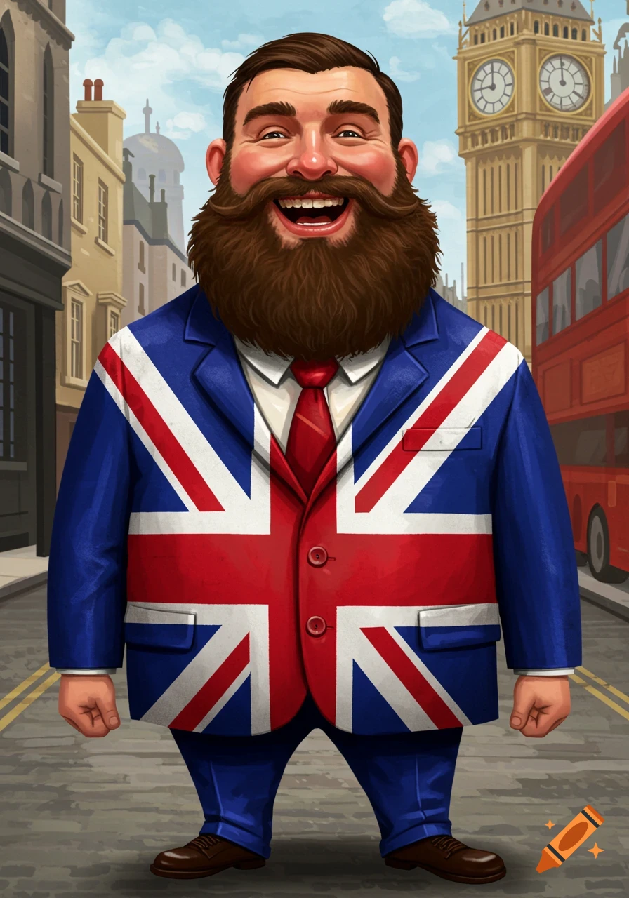 Illustration of a smiling man with a beard wearing a Union Jack suit on a London street with Big Ben.