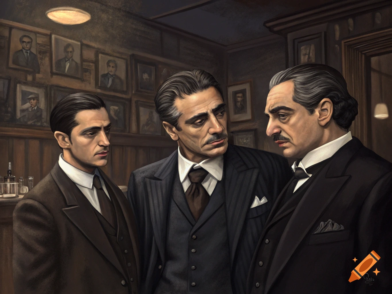 Illustration of three men in suits in a dimly lit room.