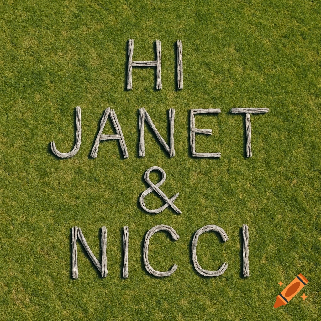 Aerial view of a grassy field with the words 'HI JANET & NICCI' made from wood logs