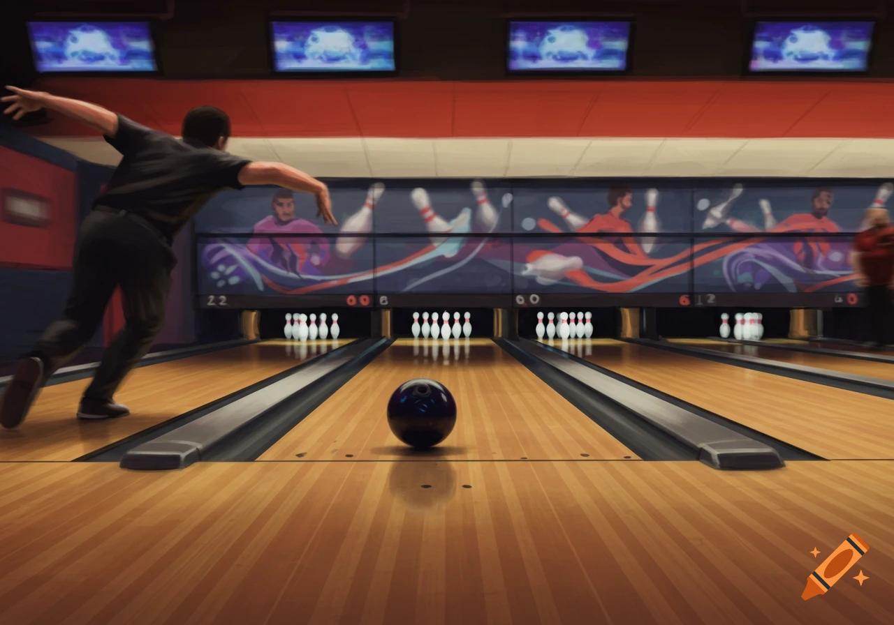 Painterly illustration of a bowler throwing a ball down a lane in a bowling alley.