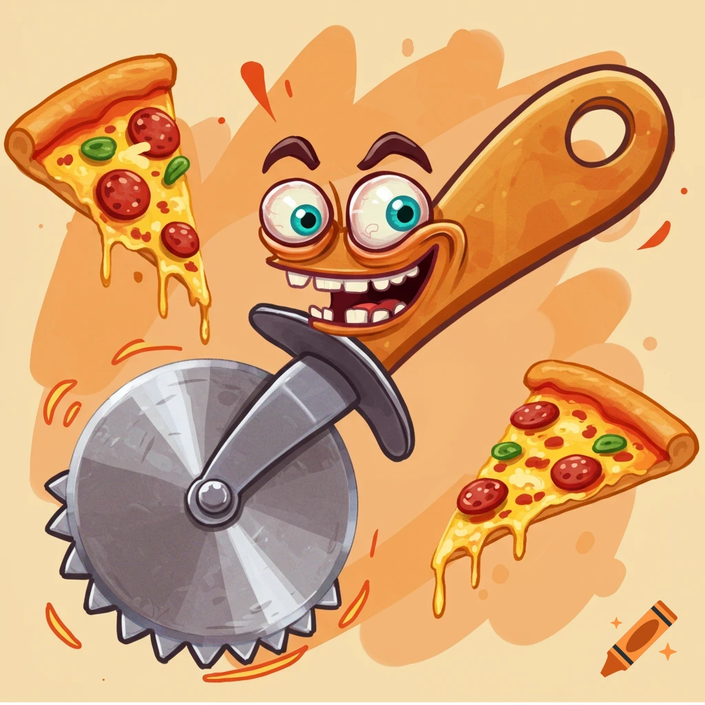 A funny cartoon pizza cutter with a face holds two slices of pepperoni pizza.