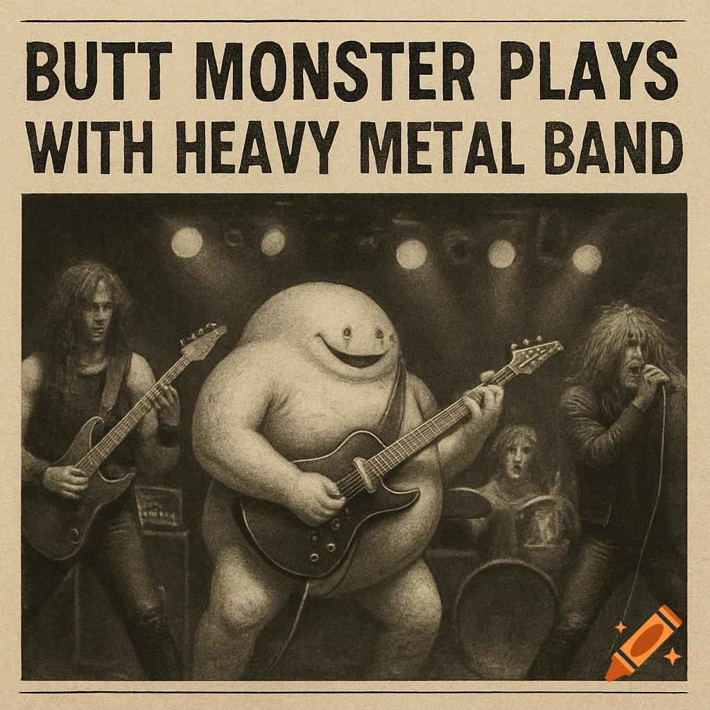 A cartoonish monster plays guitar on stage with a heavy metal band in a grainy, vintage newspaper style.