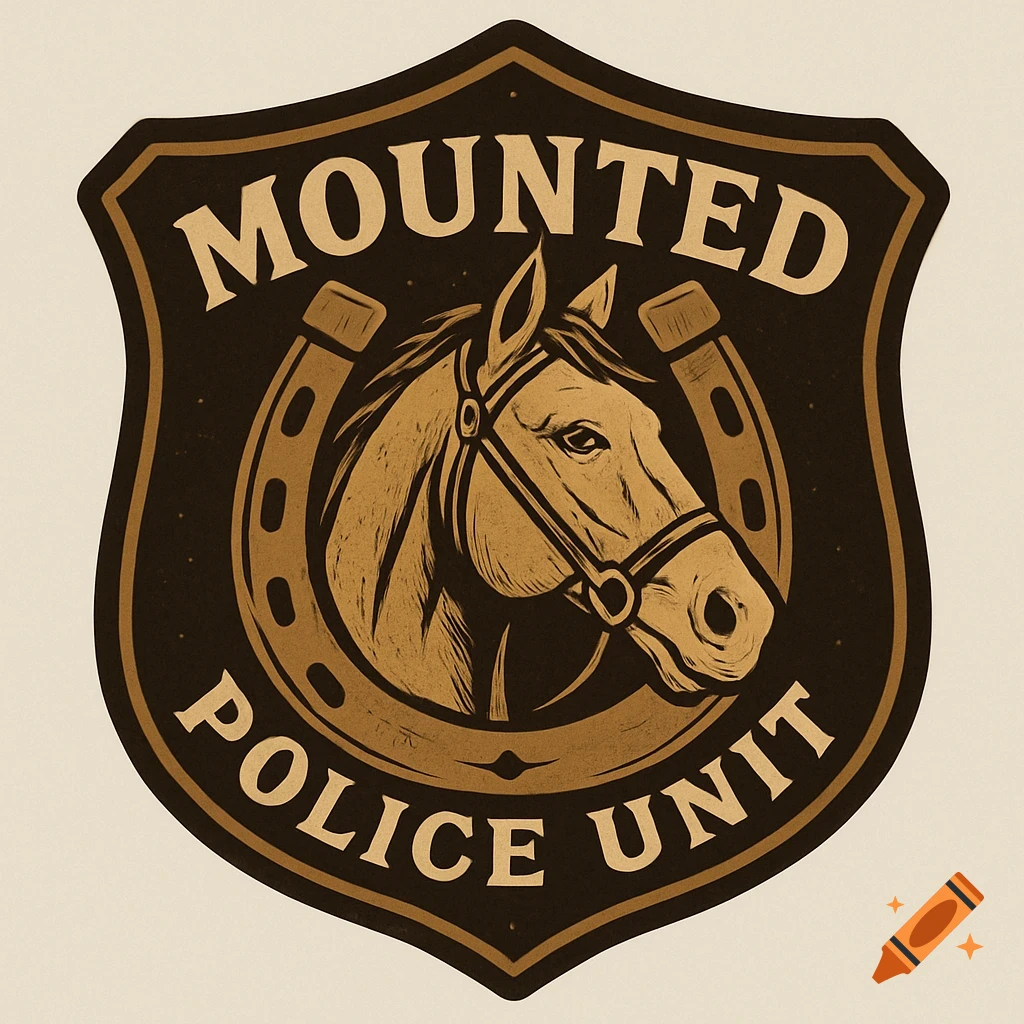 Vintage style police shield logo featuring a horse head, horseshoe, and 'MOUNTED POLICE UNIT' text.