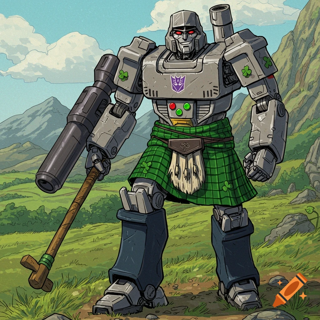 Megatron, a robot from Transformers, wears a green kilt with shamrocks and holds a staff, standing in a hilly landscape.