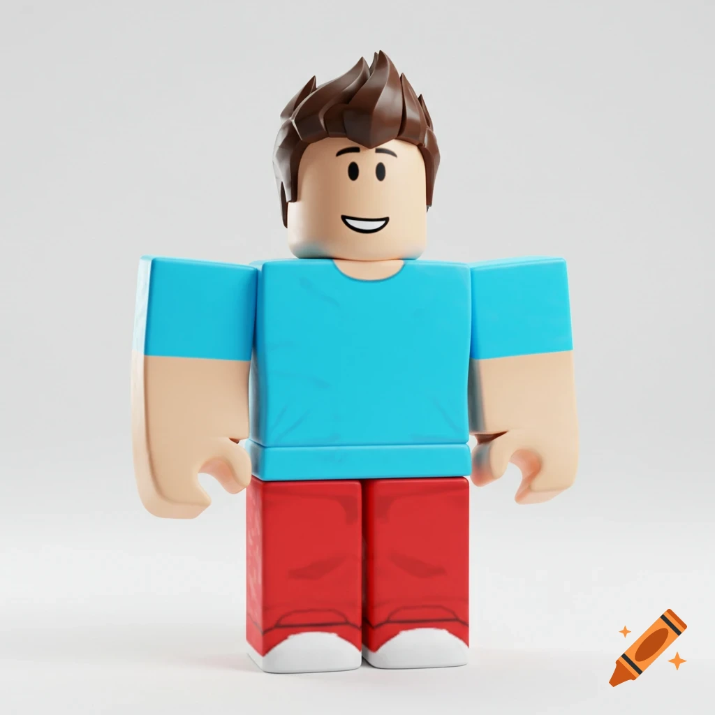 A 3D rendering of a blocky character figure with brown spiky hair, blue shirt, and red pants.