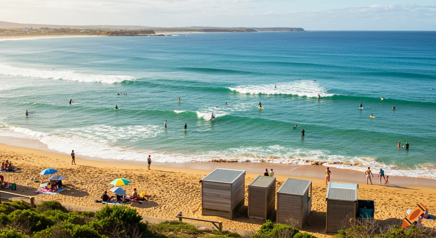 Photorealistic image of an Australian beach with surfers in the water and people relaxing on the sand.
