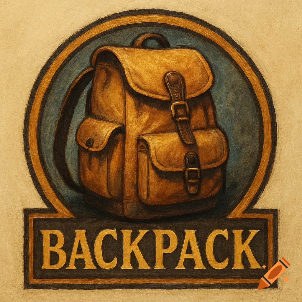 A logo illustration of a brown leather backpack in a circular frame, with the word 'BACKPACK' below.