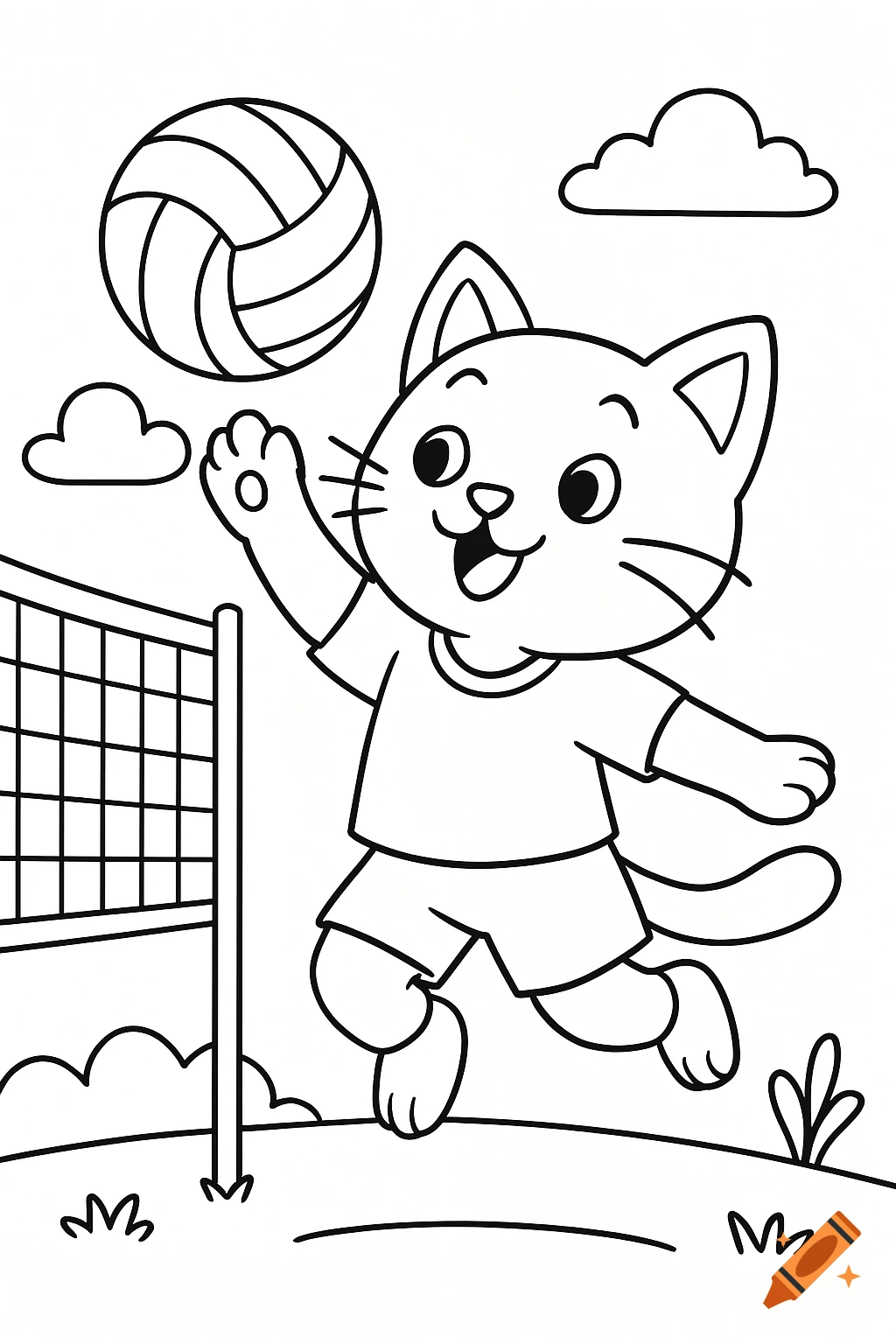 Coloring book page of a cartoon cat playing volleyball.