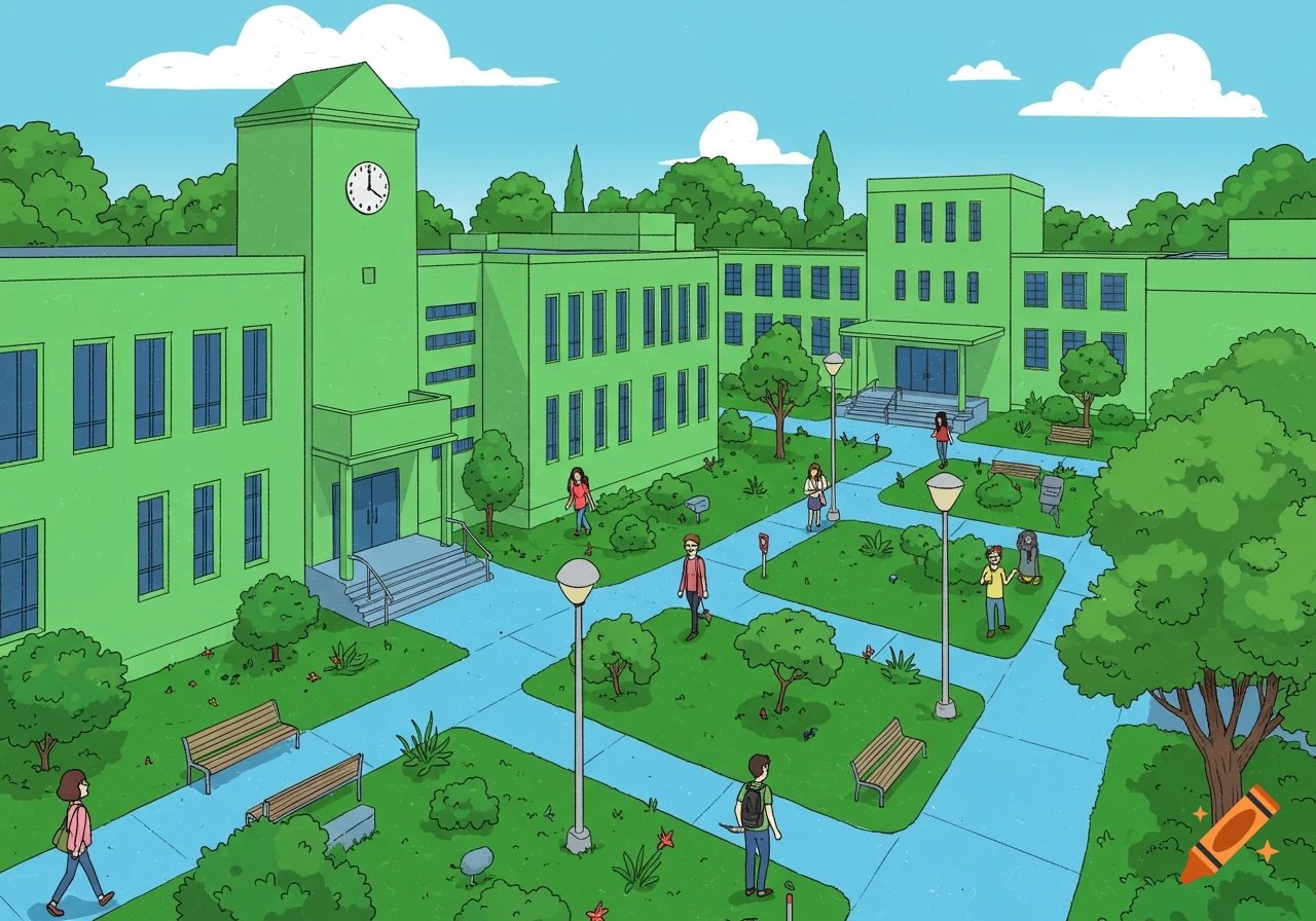 Cartoon university campus with green buildings and students walking