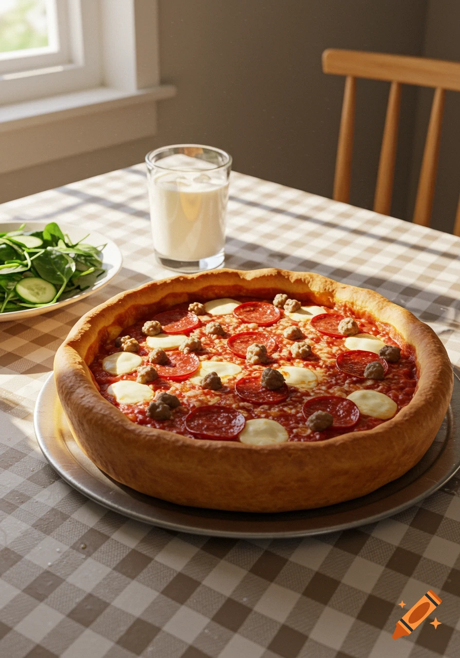 A Chicago-style deep-dish pizza, salad, and glass of milk sit on a sunlit kitchen table.