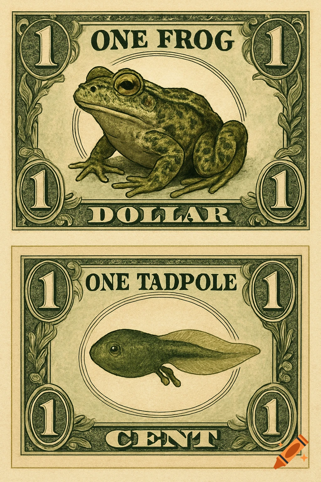 Two currency notes, one depicting a frog labeled 'ONE FROG' and 'DOLLAR', the other a tadpole labeled 'ONE TADPOLE' and 'CENT', in an engraved illustration style.