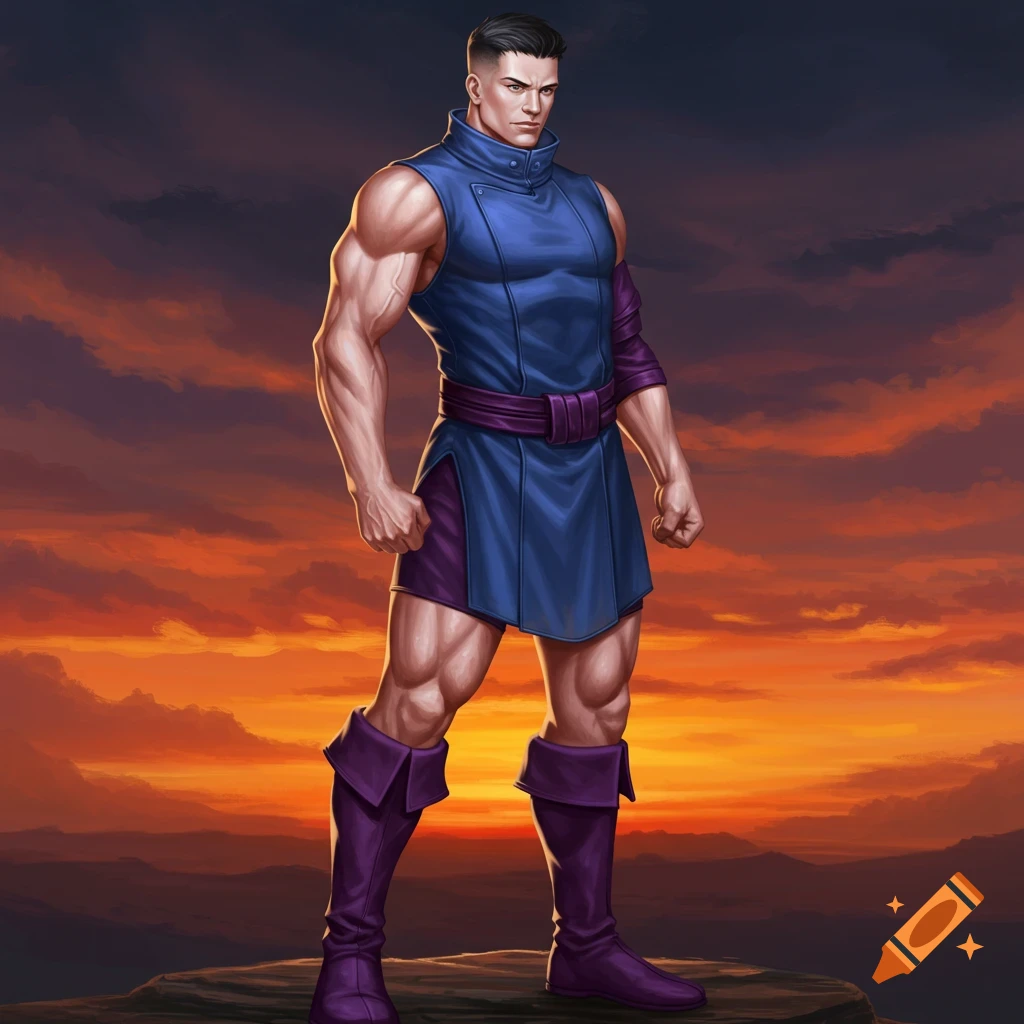 Muscular man in blue tunic and purple attire standing on a rock in front of a sunset.