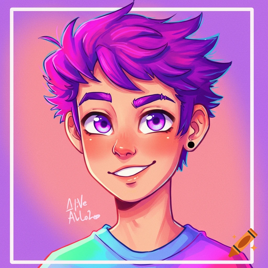 Cartoon portrait of a young person with purple hair and eyes smiling ...