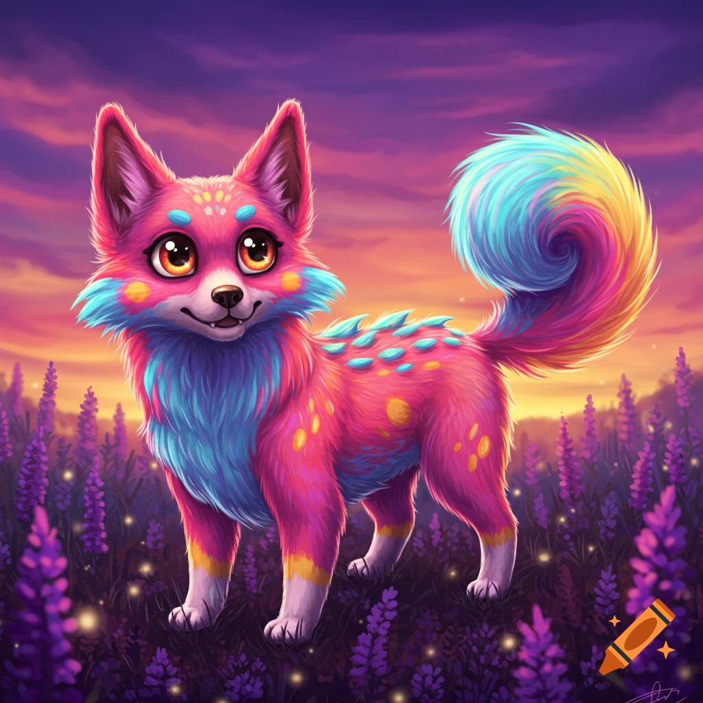 Colorful fantasy fox creature in purple flower field at sunset, digital art.