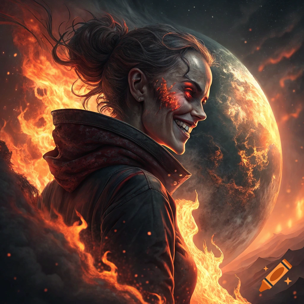 Woman with evil smile surrounded by flames with a burning earth behind her