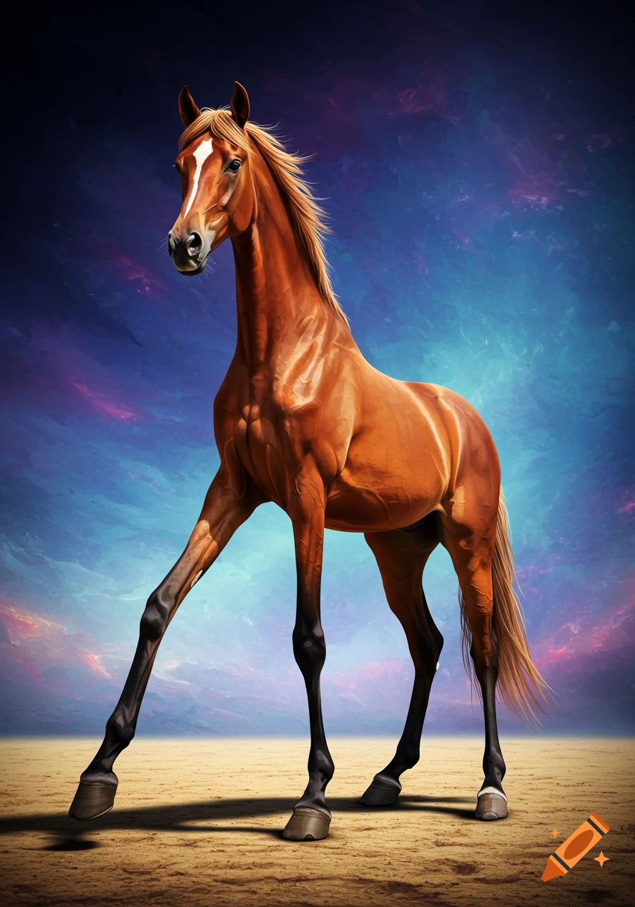 A brown horse with exaggeratedly long front legs stands against a colorful, dramatic sky.