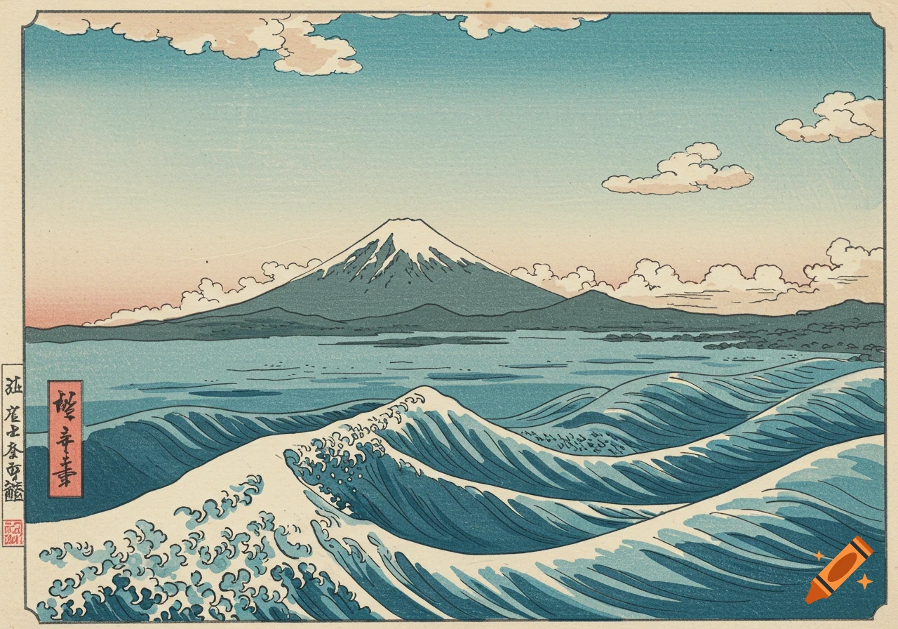 A Japanese woodblock print of large ocean waves with a mountain in the background.