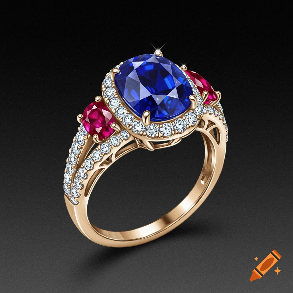 Gold ring with blue sapphire, ruby side stones, and diamond accents.