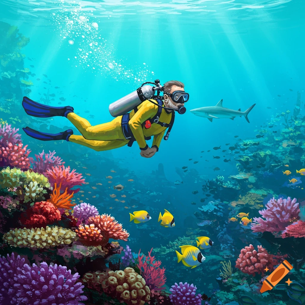 A scuba diver explores a colorful coral reef with tropical fish and a shark.