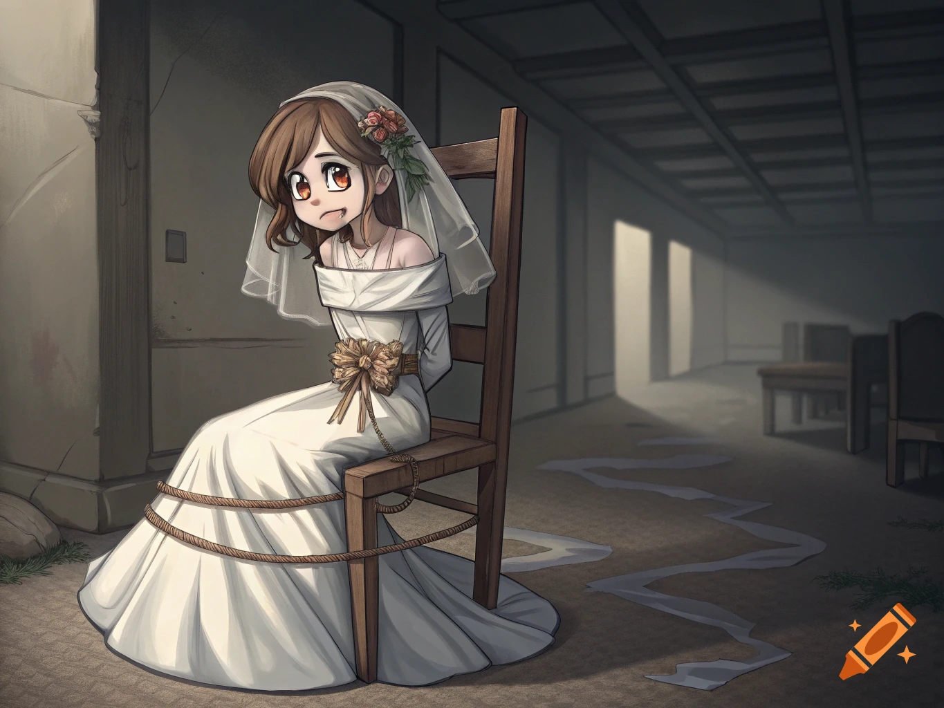 Anime illustration of a girl in a wedding dress tied to a chair in a dimly  lit room. on Craiyon