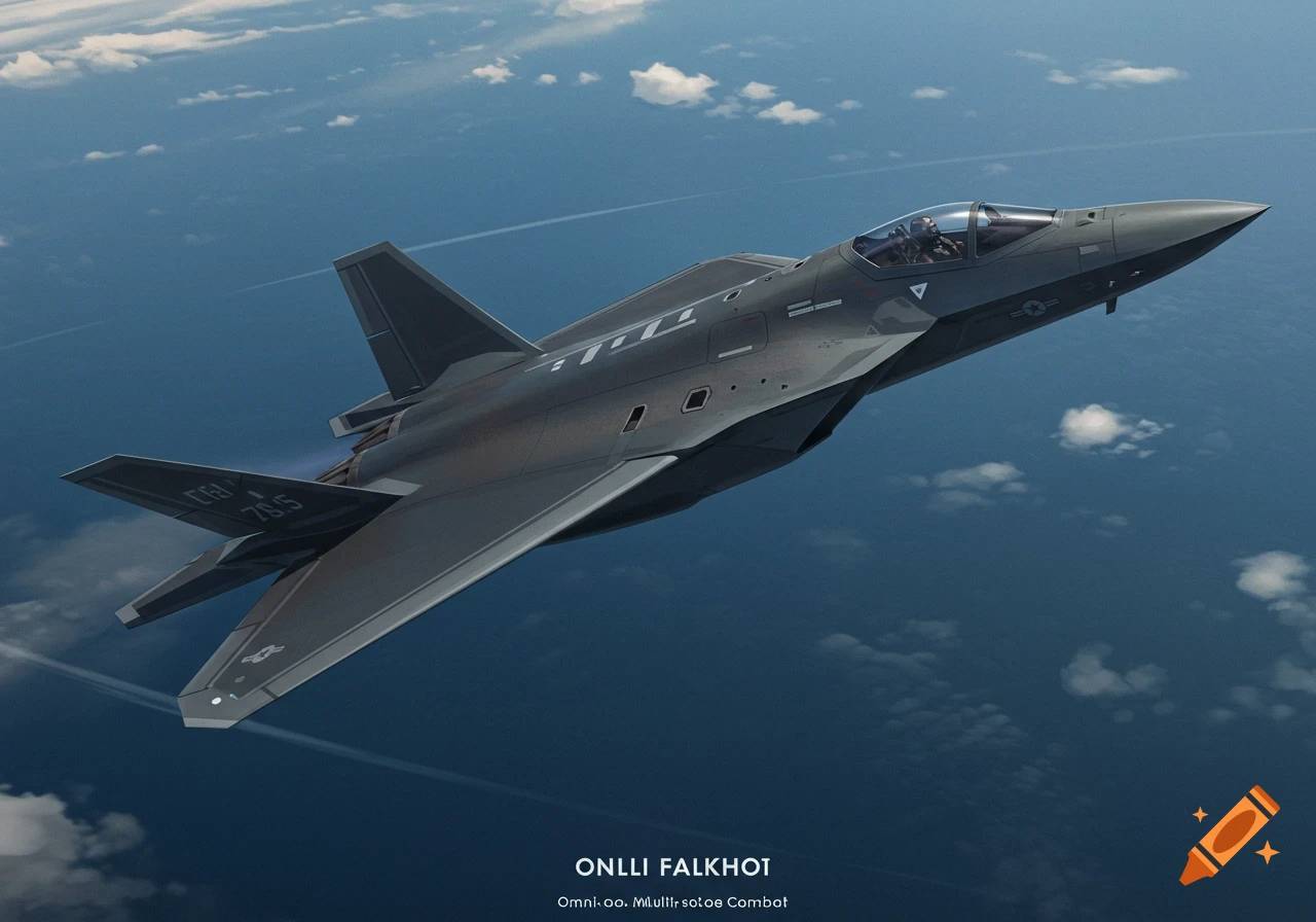 A dark gray stealth fighter jet flies against a blue sky with white clouds.