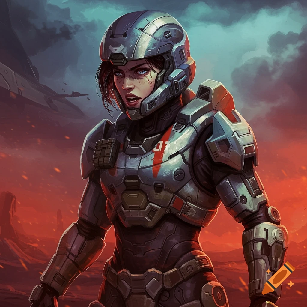 Illustration of a female Spartan in armor against a fiery sky and rocky landscape.