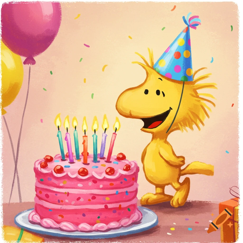 Woodstock from Peanuts standing next to a pink birthday cake with candles and balloons in an illustration.