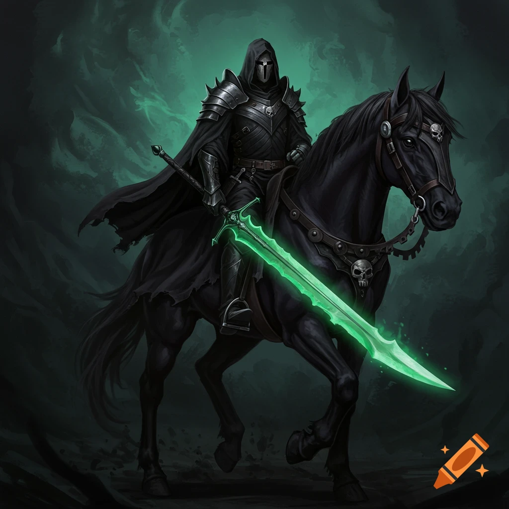 Dark knight in black armor riding a black horse, holding a glowing ...