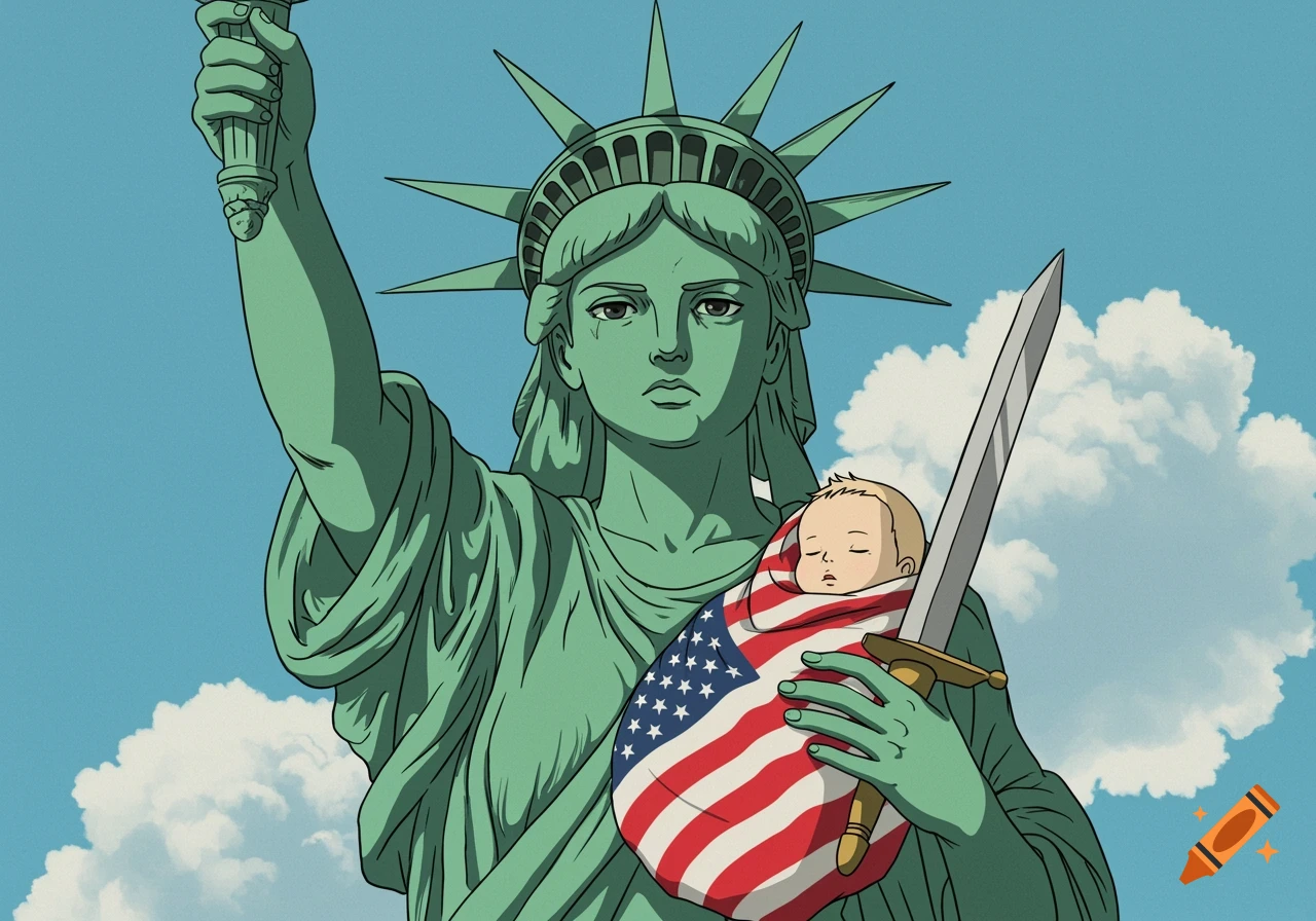 Statue of Liberty in anime style holding a baby wrapped in an American flag and a sword.
