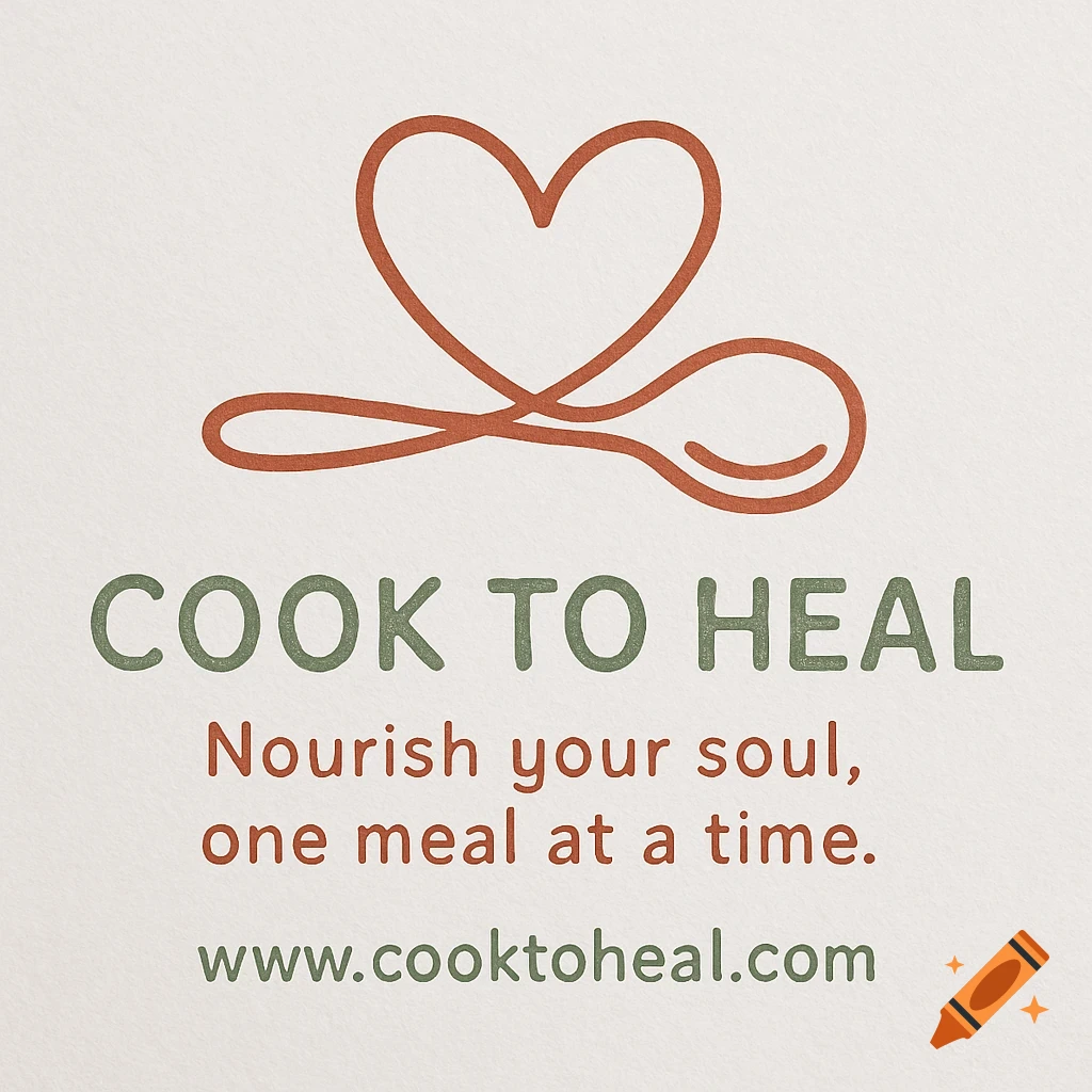 Logo design with a heart intertwined with a spoon, and text reading "COOK TO HEAL", "Nourish your soul, one meal at a time.", "www.cooktoheal.com".